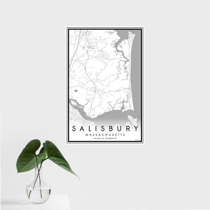 16x24 Salisbury Massachusetts Map Print Portrait Orientation in Classic Style With Tropical Plant Leaves in Water
