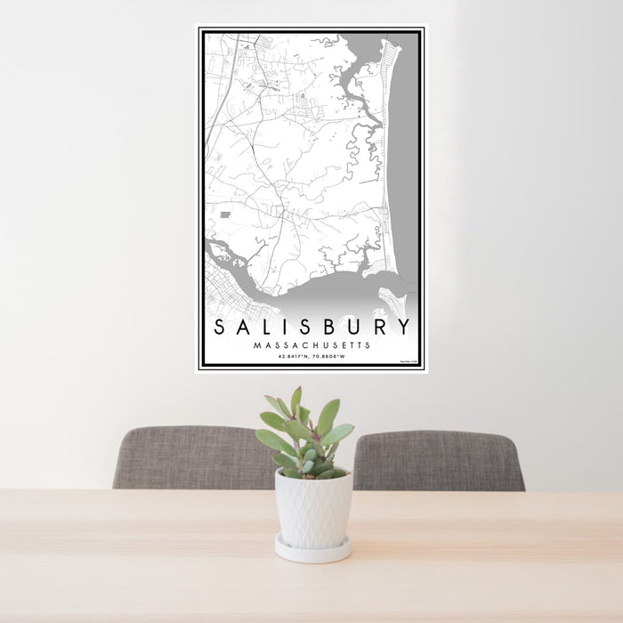 24x36 Salisbury Massachusetts Map Print Portrait Orientation in Classic Style Behind 2 Chairs Table and Potted Plant