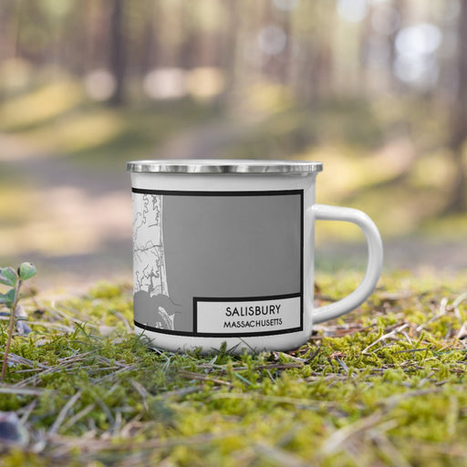 Right View Custom Salisbury Massachusetts Map Enamel Mug in Classic on Grass With Trees in Background