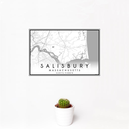 12x18 Salisbury Massachusetts Map Print Landscape Orientation in Classic Style With Small Cactus Plant in White Planter
