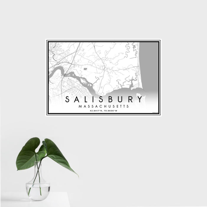 16x24 Salisbury Massachusetts Map Print Landscape Orientation in Classic Style With Tropical Plant Leaves in Water