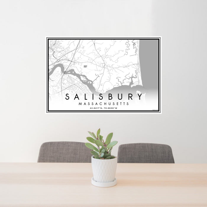 24x36 Salisbury Massachusetts Map Print Landscape Orientation in Classic Style Behind 2 Chairs Table and Potted Plant