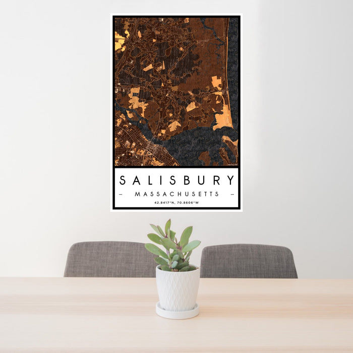 24x36 Salisbury Massachusetts Map Print Portrait Orientation in Ember Style Behind 2 Chairs Table and Potted Plant