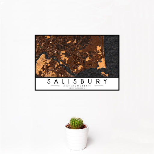 12x18 Salisbury Massachusetts Map Print Landscape Orientation in Ember Style With Small Cactus Plant in White Planter