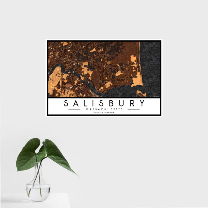 16x24 Salisbury Massachusetts Map Print Landscape Orientation in Ember Style With Tropical Plant Leaves in Water