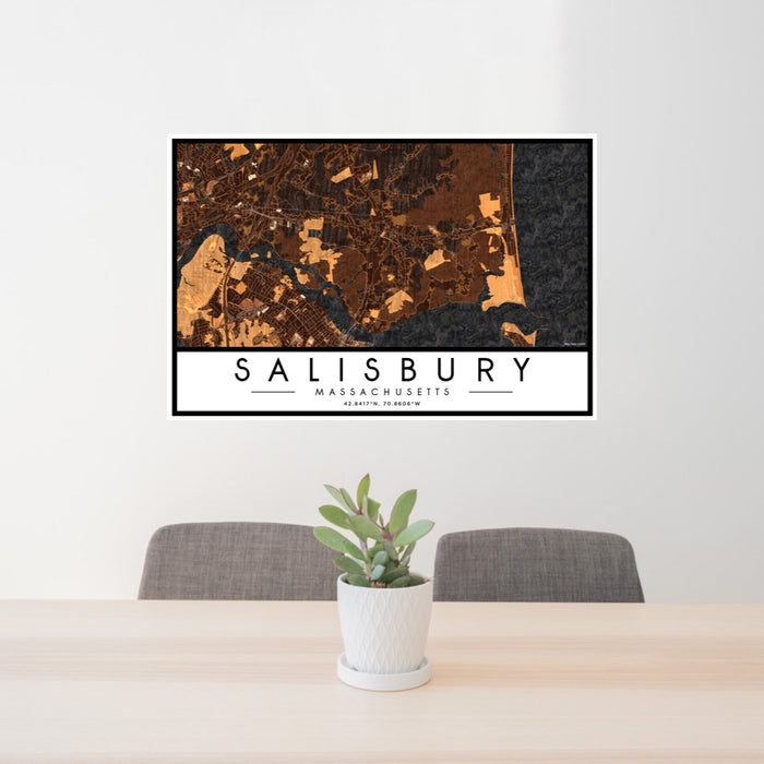 24x36 Salisbury Massachusetts Map Print Landscape Orientation in Ember Style Behind 2 Chairs Table and Potted Plant
