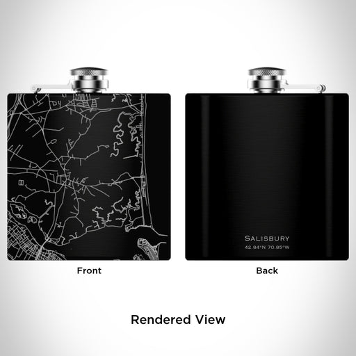 Rendered View of Salisbury Massachusetts Map Engraving on 6oz Stainless Steel Flask in Black