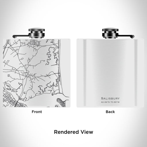 Rendered View of Salisbury Massachusetts Map Engraving on 6oz Stainless Steel Flask in White
