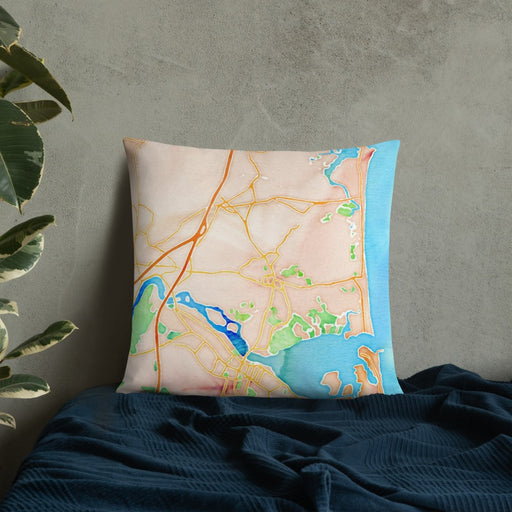 Custom Salisbury Massachusetts Map Throw Pillow in Watercolor on Bedding Against Wall