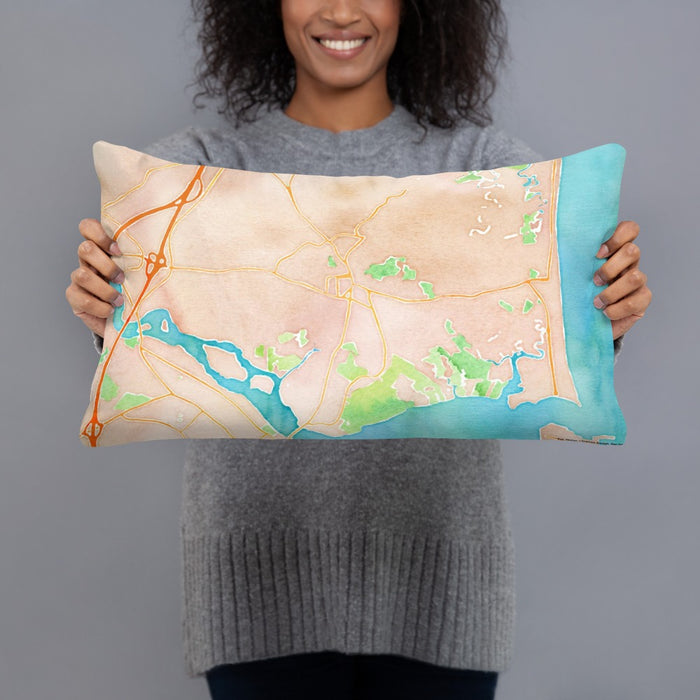 Person holding 20x12 Custom Salisbury Massachusetts Map Throw Pillow in Watercolor