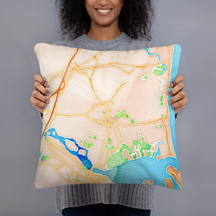 Person holding 18x18 Custom Salisbury Massachusetts Map Throw Pillow in Watercolor