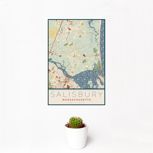 12x18 Salisbury Massachusetts Map Print Portrait Orientation in Woodblock Style With Small Cactus Plant in White Planter