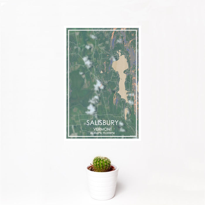 12x18 Salisbury Vermont Map Print Portrait Orientation in Afternoon Style With Small Cactus Plant in White Planter