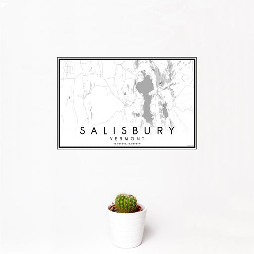 12x18 Salisbury Vermont Map Print Landscape Orientation in Classic Style With Small Cactus Plant in White Planter
