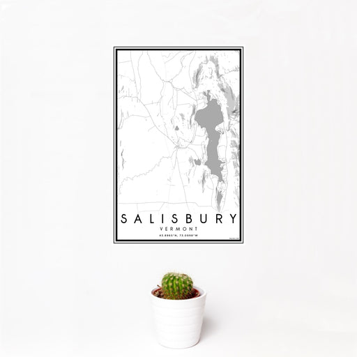 12x18 Salisbury Vermont Map Print Portrait Orientation in Classic Style With Small Cactus Plant in White Planter