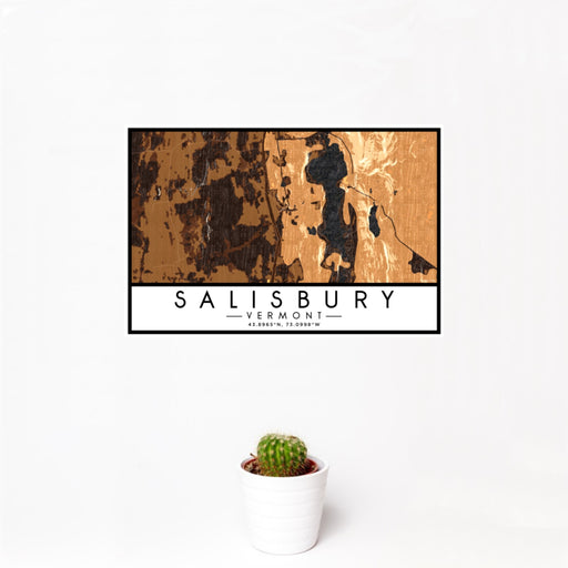 12x18 Salisbury Vermont Map Print Landscape Orientation in Ember Style With Small Cactus Plant in White Planter
