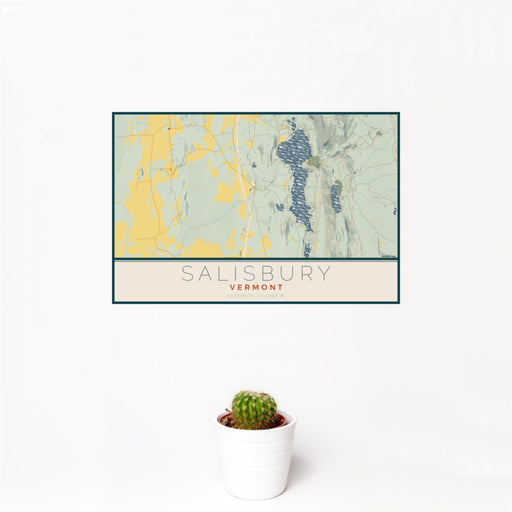 12x18 Salisbury Vermont Map Print Landscape Orientation in Woodblock Style With Small Cactus Plant in White Planter