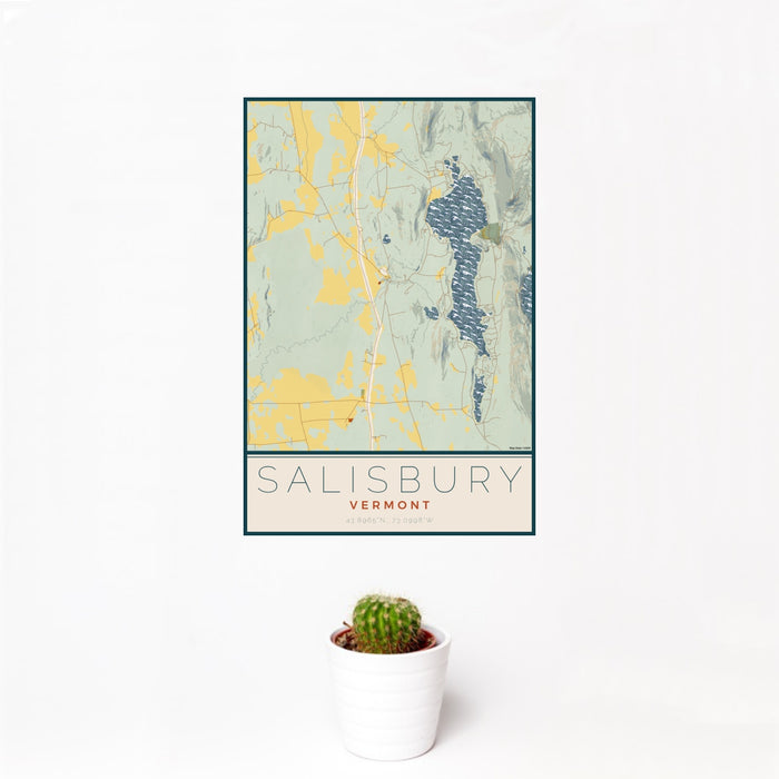 12x18 Salisbury Vermont Map Print Portrait Orientation in Woodblock Style With Small Cactus Plant in White Planter