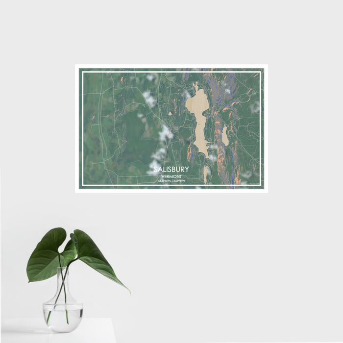 16x24 Salisbury Vermont Map Print Landscape Orientation in Afternoon Style With Tropical Plant Leaves in Water