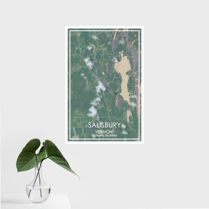 16x24 Salisbury Vermont Map Print Portrait Orientation in Afternoon Style With Tropical Plant Leaves in Water