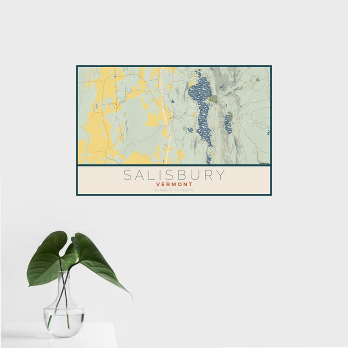 16x24 Salisbury Vermont Map Print Landscape Orientation in Woodblock Style With Tropical Plant Leaves in Water