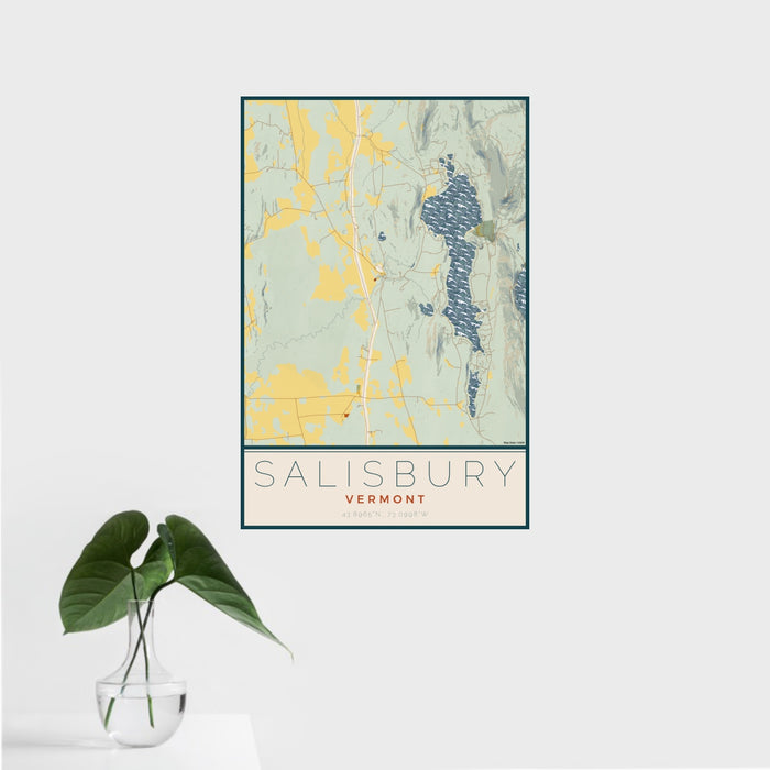 16x24 Salisbury Vermont Map Print Portrait Orientation in Woodblock Style With Tropical Plant Leaves in Water
