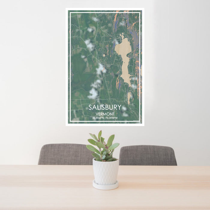 24x36 Salisbury Vermont Map Print Portrait Orientation in Afternoon Style Behind 2 Chairs Table and Potted Plant