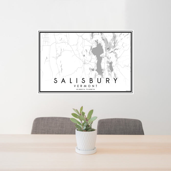 24x36 Salisbury Vermont Map Print Lanscape Orientation in Classic Style Behind 2 Chairs Table and Potted Plant