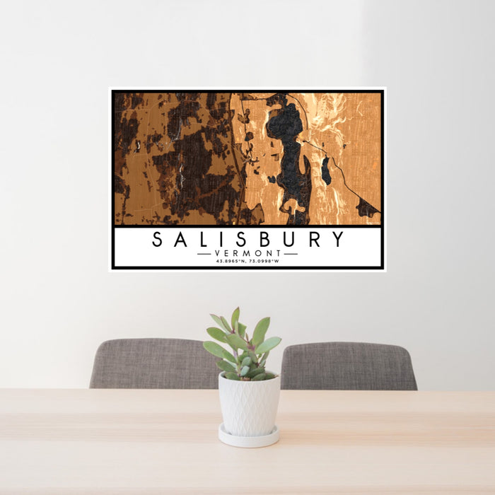 24x36 Salisbury Vermont Map Print Lanscape Orientation in Ember Style Behind 2 Chairs Table and Potted Plant