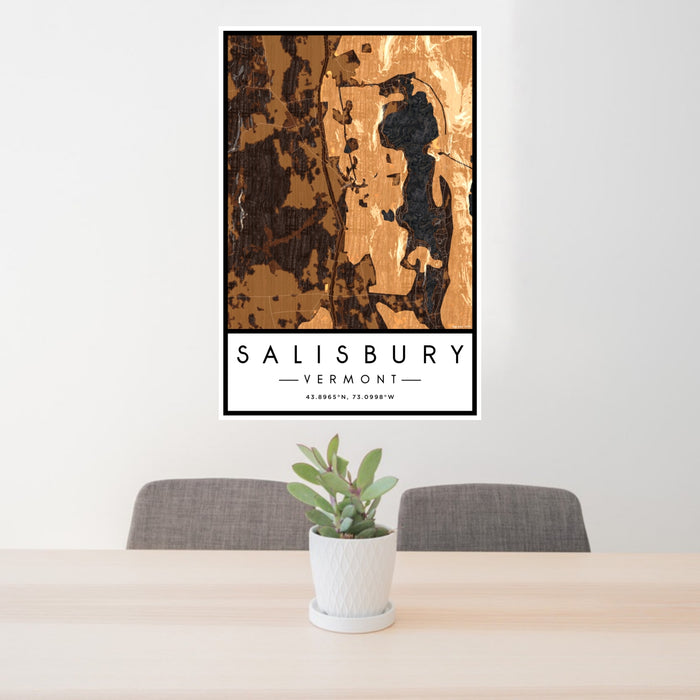 24x36 Salisbury Vermont Map Print Portrait Orientation in Ember Style Behind 2 Chairs Table and Potted Plant