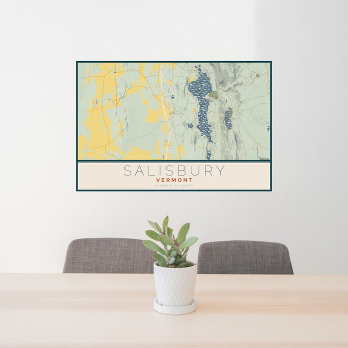 24x36 Salisbury Vermont Map Print Lanscape Orientation in Woodblock Style Behind 2 Chairs Table and Potted Plant