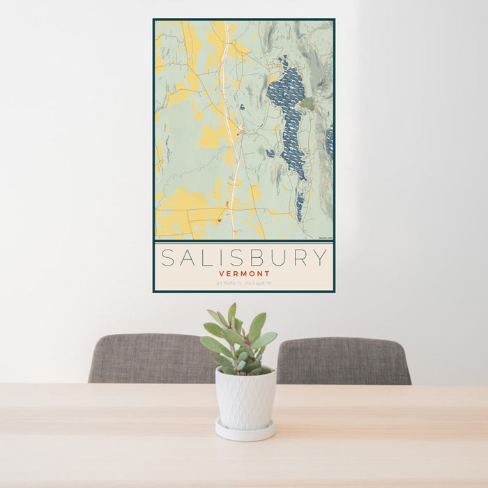 24x36 Salisbury Vermont Map Print Portrait Orientation in Woodblock Style Behind 2 Chairs Table and Potted Plant