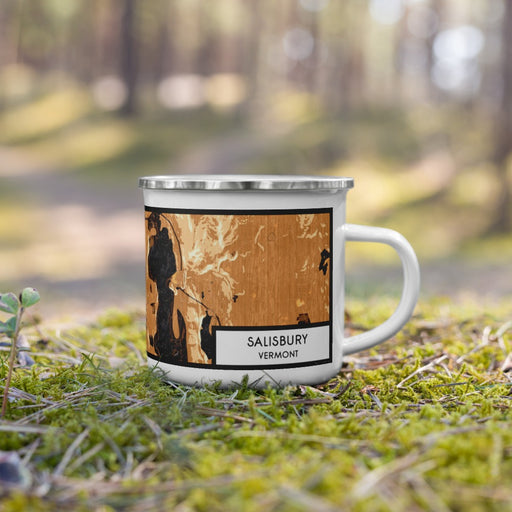 Right View Custom Salisbury Vermont Map Enamel Mug in Ember on Grass With Trees in Background