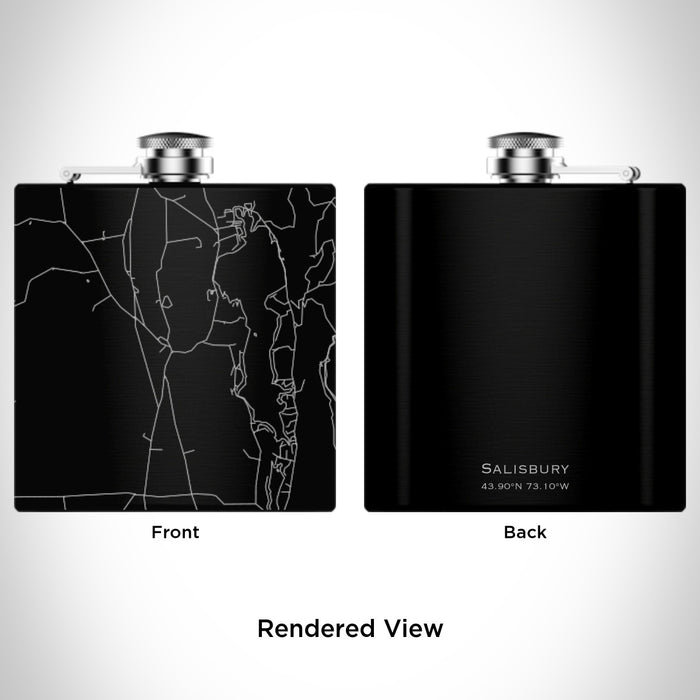 Rendered View of Salisbury Vermont Map Engraving on 6oz Stainless Steel Flask in Black