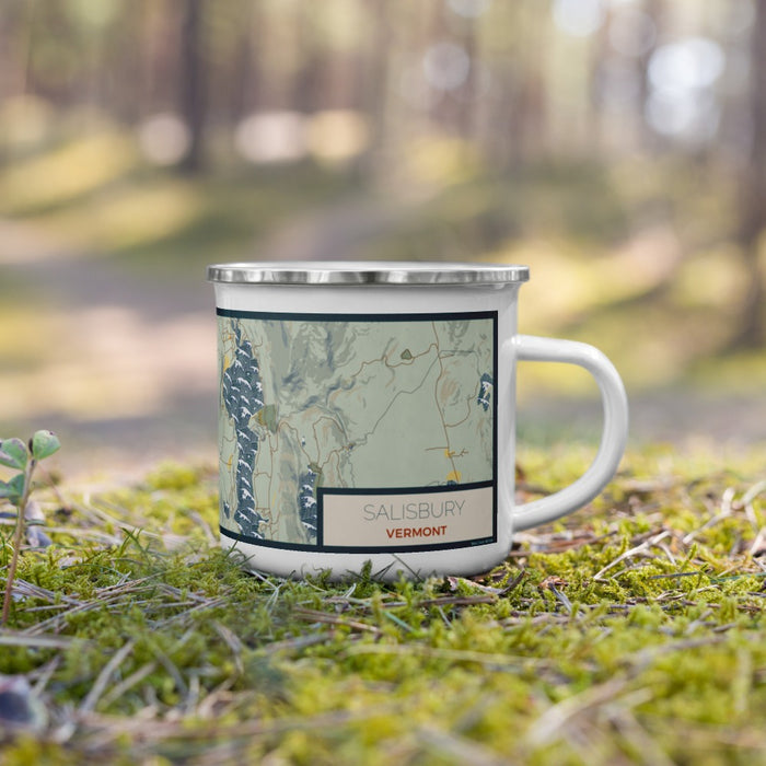 Right View Custom Salisbury Vermont Map Enamel Mug in Woodblock on Grass With Trees in Background