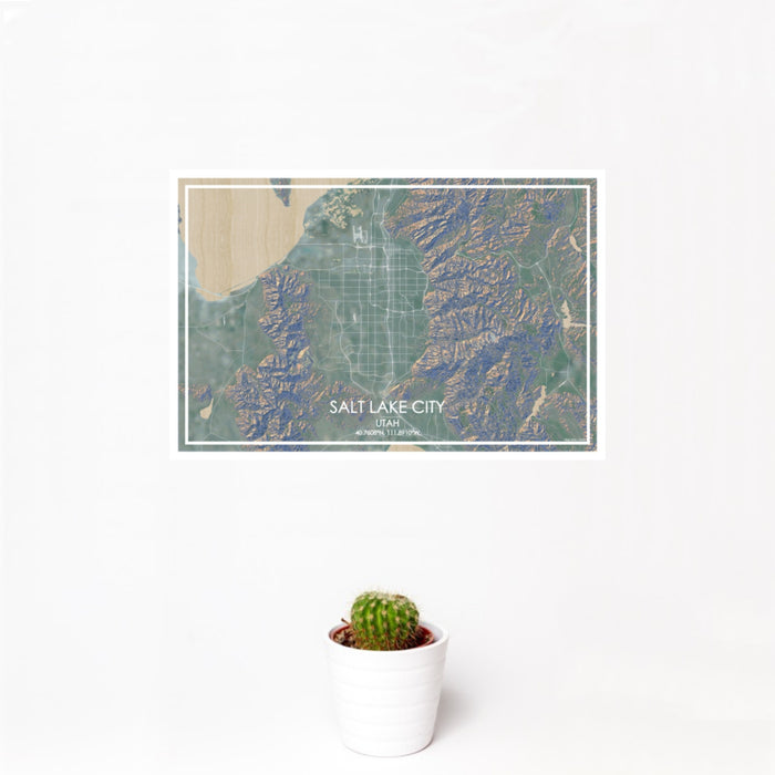 12x18 Salt Lake City Utah Map Print Landscape Orientation in Afternoon Style With Small Cactus Plant in White Planter