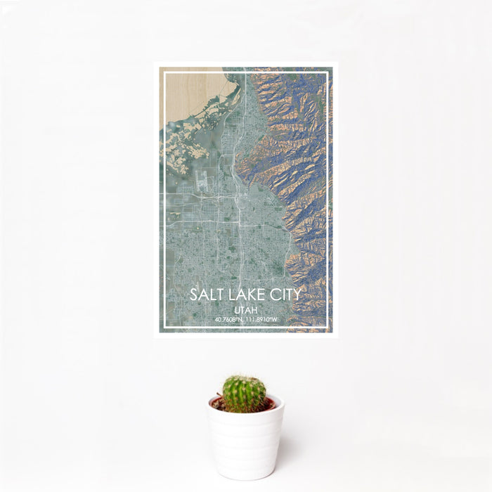 12x18 Salt Lake City Utah Map Print Portrait Orientation in Afternoon Style With Small Cactus Plant in White Planter
