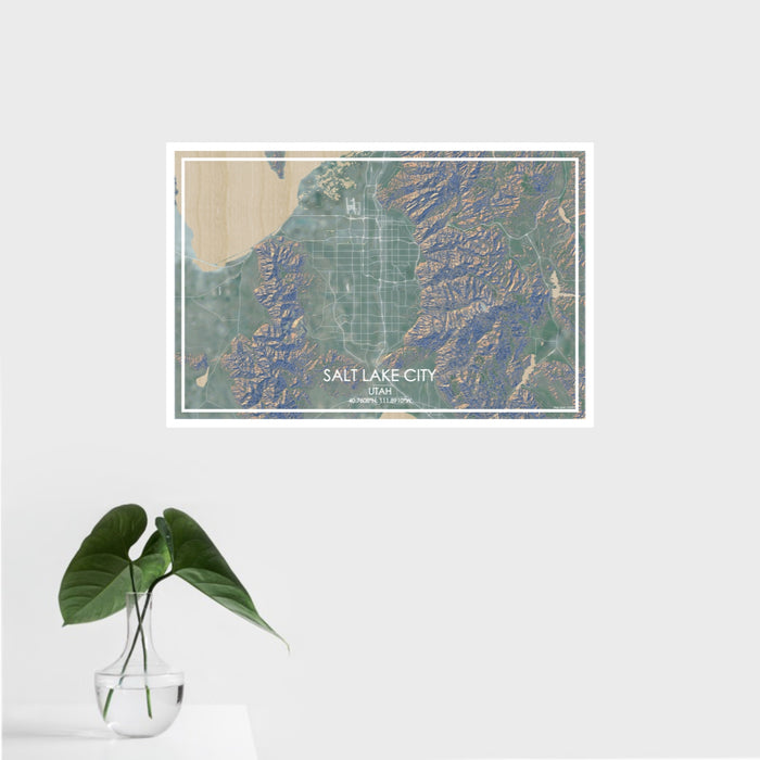 16x24 Salt Lake City Utah Map Print Landscape Orientation in Afternoon Style With Tropical Plant Leaves in Water