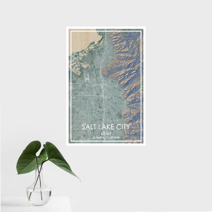 16x24 Salt Lake City Utah Map Print Portrait Orientation in Afternoon Style With Tropical Plant Leaves in Water