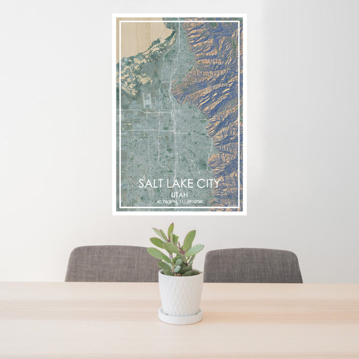 24x36 Salt Lake City Utah Map Print Portrait Orientation in Afternoon Style Behind 2 Chairs Table and Potted Plant