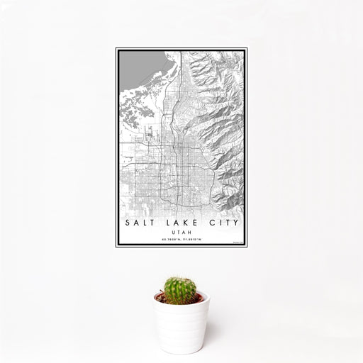 12x18 Salt Lake City Utah Map Print Portrait Orientation in Classic Style With Small Cactus Plant in White Planter