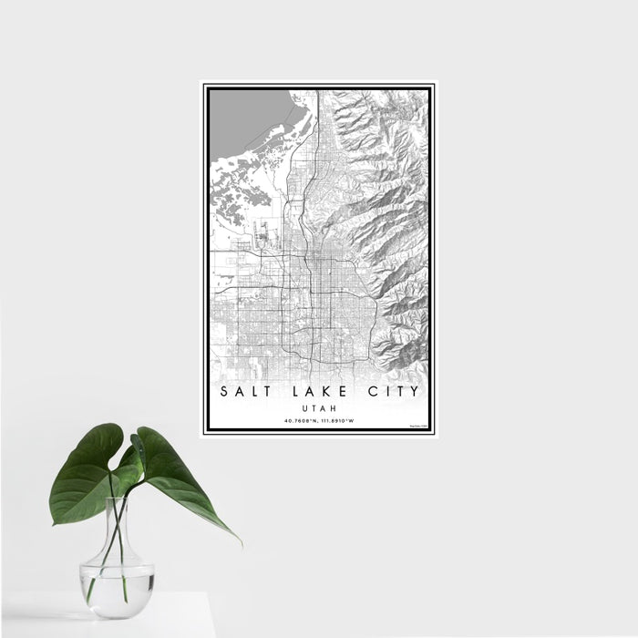 16x24 Salt Lake City Utah Map Print Portrait Orientation in Classic Style With Tropical Plant Leaves in Water