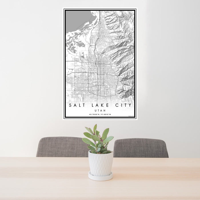 24x36 Salt Lake City Utah Map Print Portrait Orientation in Classic Style Behind 2 Chairs Table and Potted Plant