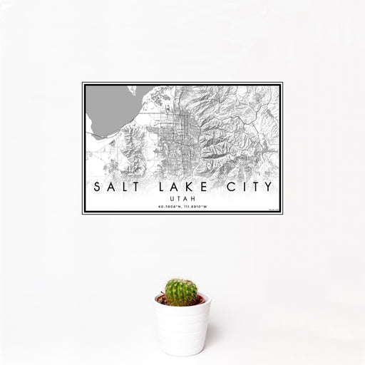 12x18 Salt Lake City Utah Map Print Landscape Orientation in Classic Style With Small Cactus Plant in White Planter
