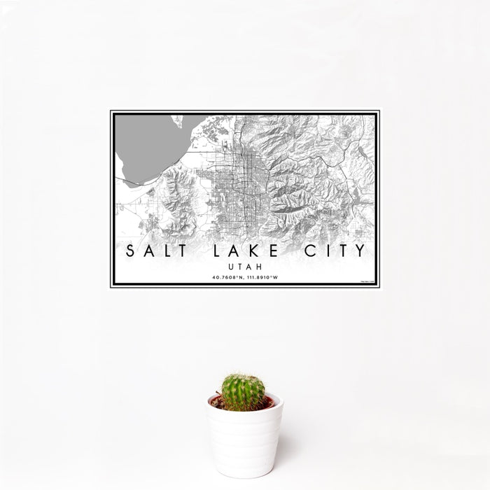 12x18 Salt Lake City Utah Map Print Landscape Orientation in Classic Style With Small Cactus Plant in White Planter