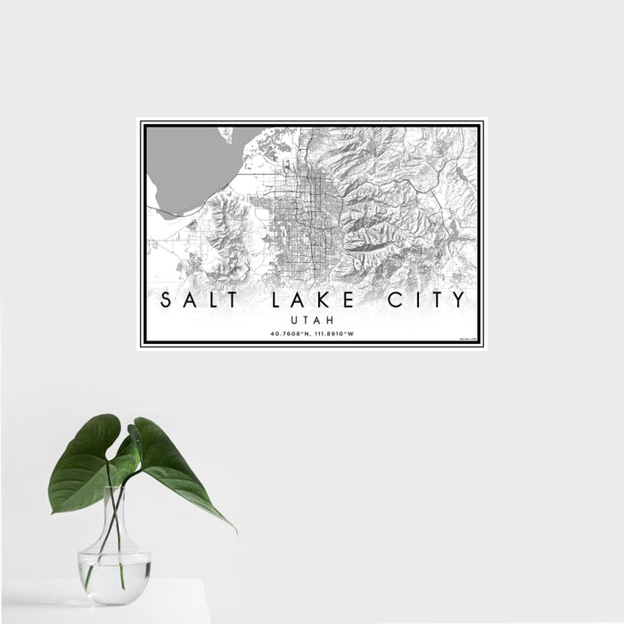 16x24 Salt Lake City Utah Map Print Landscape Orientation in Classic Style With Tropical Plant Leaves in Water