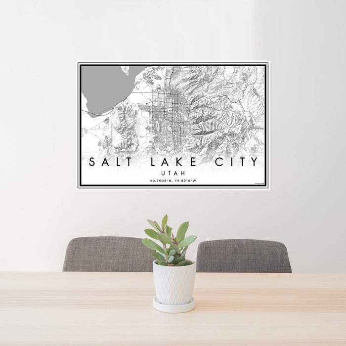 24x36 Salt Lake City Utah Map Print Landscape Orientation in Classic Style Behind 2 Chairs Table and Potted Plant