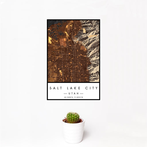 12x18 Salt Lake City Utah Map Print Portrait Orientation in Ember Style With Small Cactus Plant in White Planter