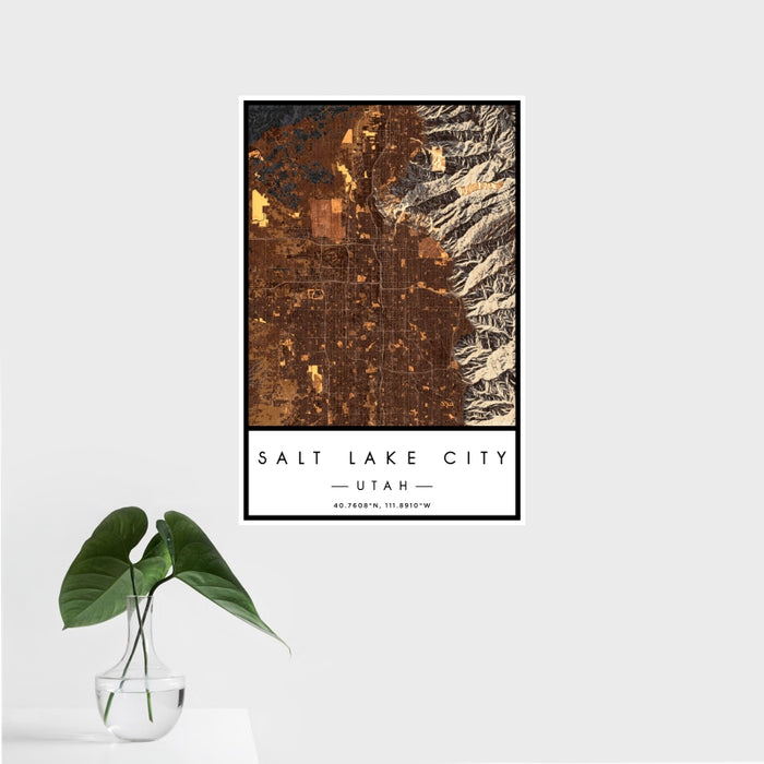 16x24 Salt Lake City Utah Map Print Portrait Orientation in Ember Style With Tropical Plant Leaves in Water