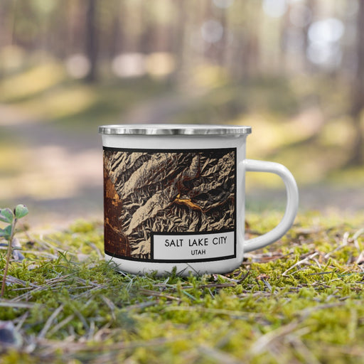 Right View Custom Salt Lake City Utah Map Enamel Mug in Ember on Grass With Trees in Background